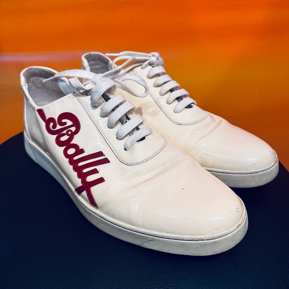 Bally Stilo low-top sneakers in white patent leather with red script branding